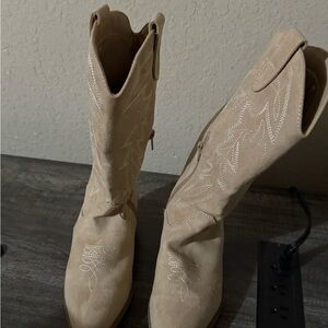 NOBO Beige Suede Western-Style Mid-Calf Heeled Boots